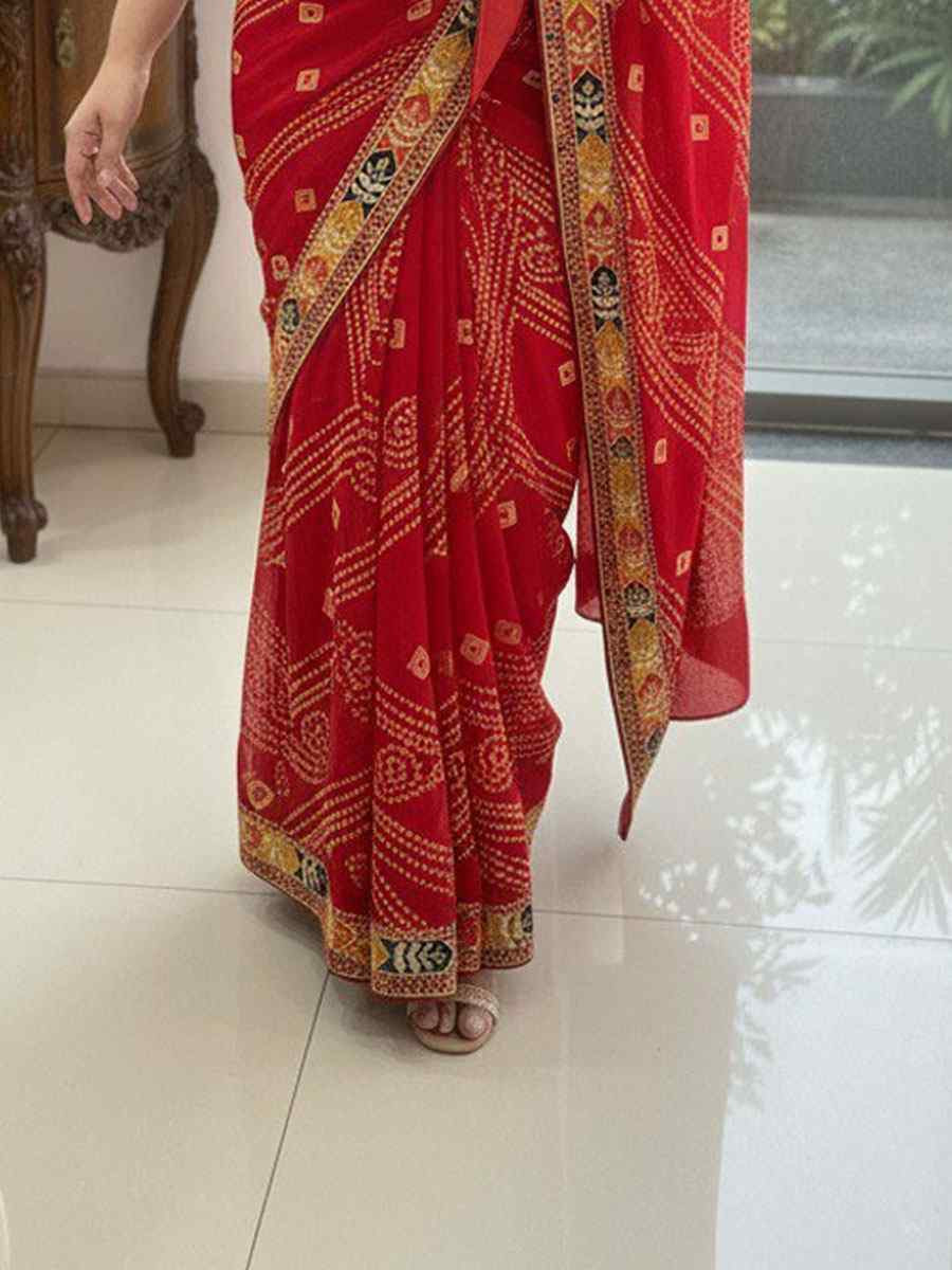 Red Georgette Embroidery Printed Casual Reception Festival Wedding Fancy Classic Style Sarees