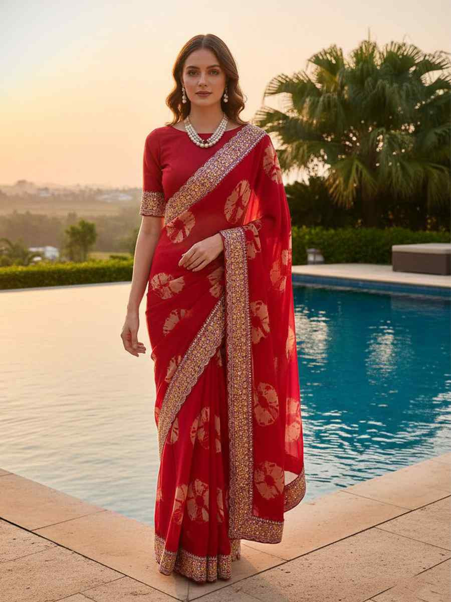Red Georgette Embroidery Printed Casual Reception Festival Wedding Fancy Heavy Border Sarees