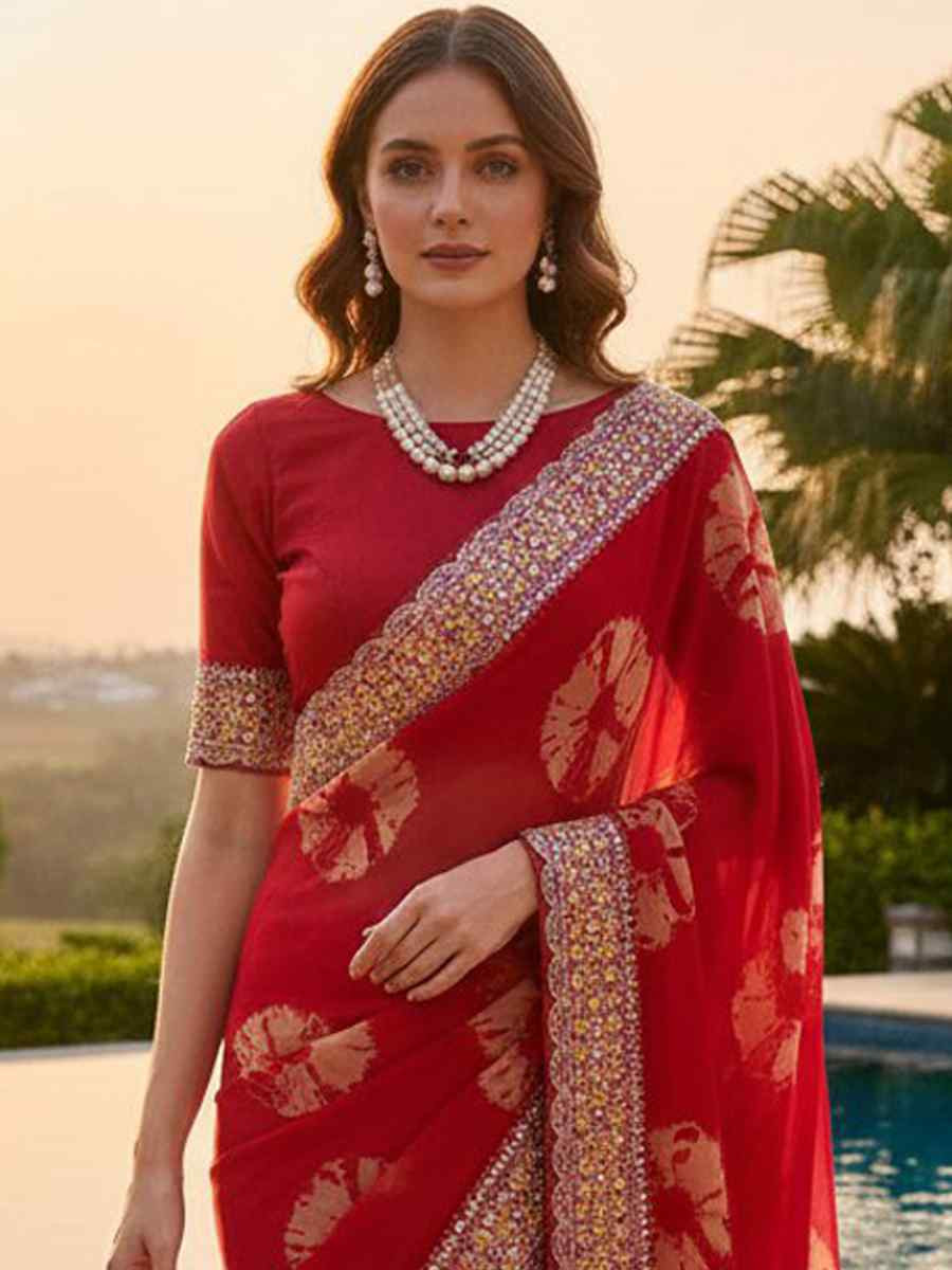Red Georgette Embroidery Printed Casual Reception Festival Wedding Fancy Heavy Border Sarees