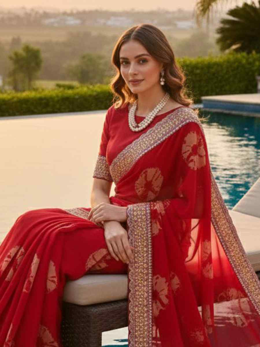 Red Georgette Embroidery Printed Casual Reception Festival Wedding Fancy Heavy Border Sarees