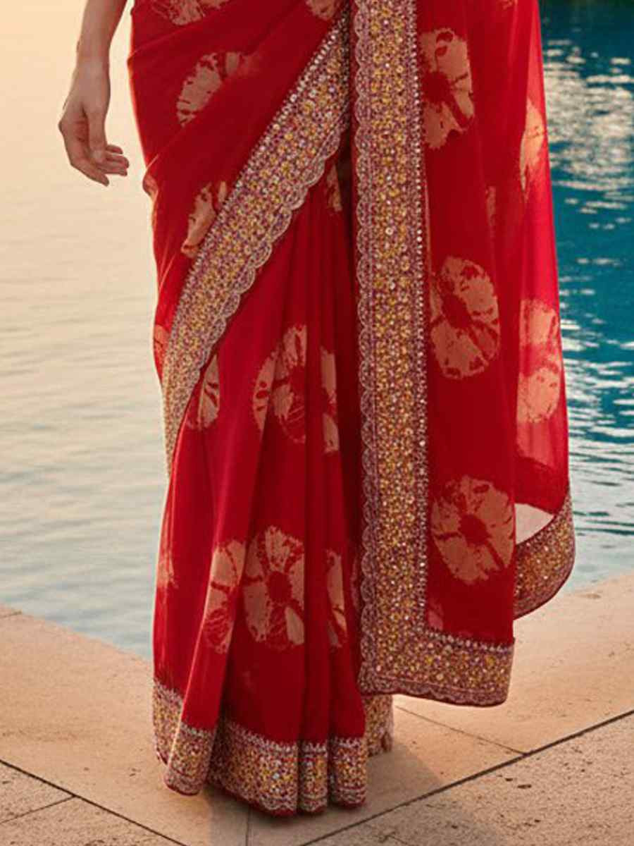 Red Georgette Embroidery Printed Casual Reception Festival Wedding Fancy Heavy Border Sarees