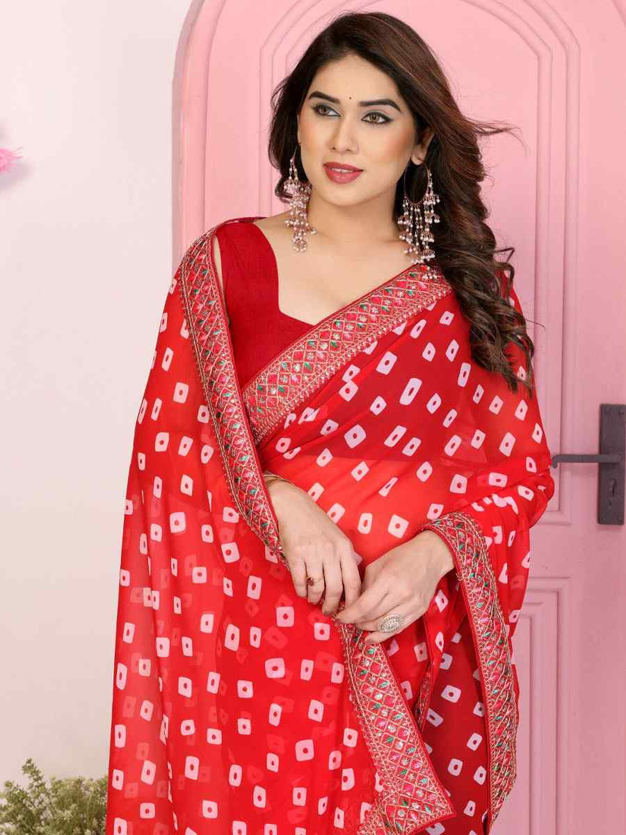 Red Georgette Embroidery Printed Traditional Bridal Reception Festival Wedding Fancy Heavy Border Saree
