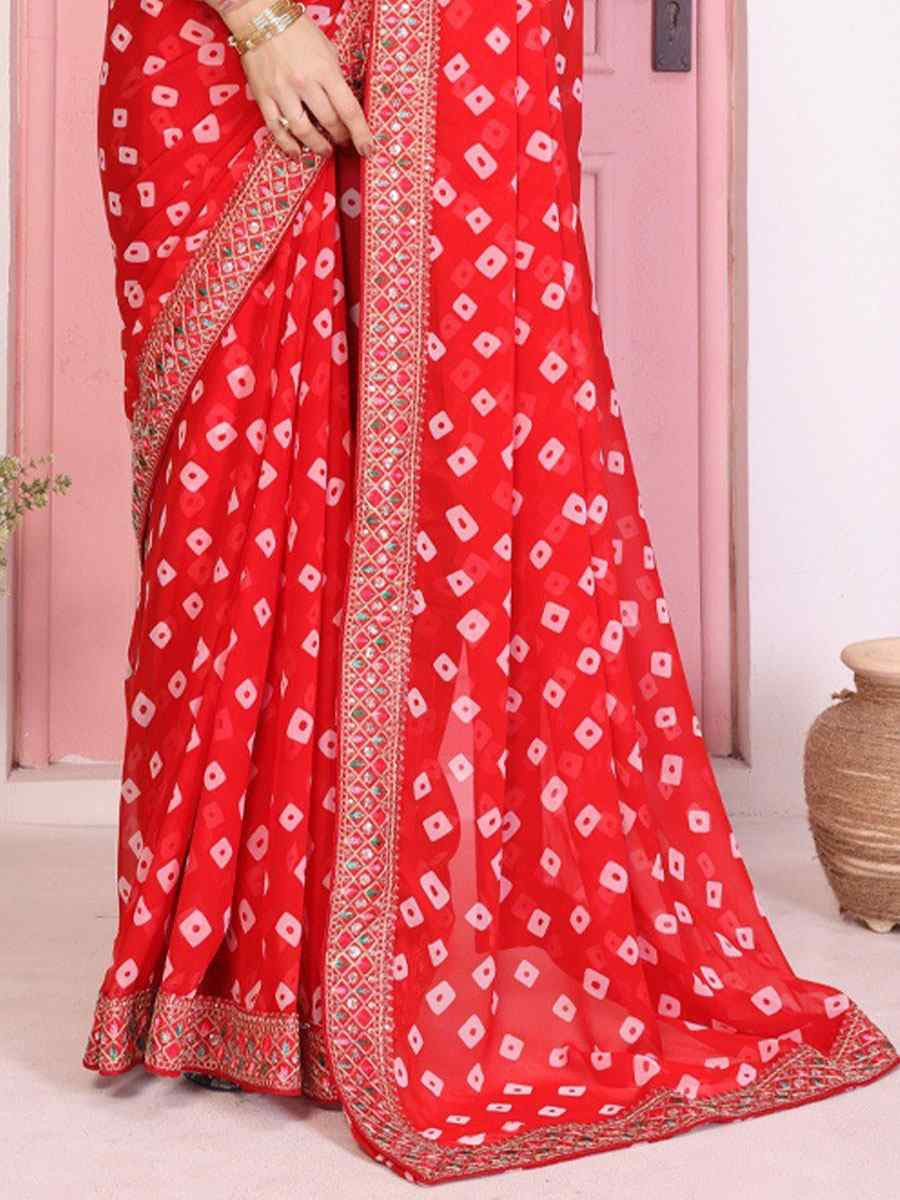 Red Georgette Embroidery Printed Traditional Bridal Reception Festival Wedding Fancy Heavy Border Saree
