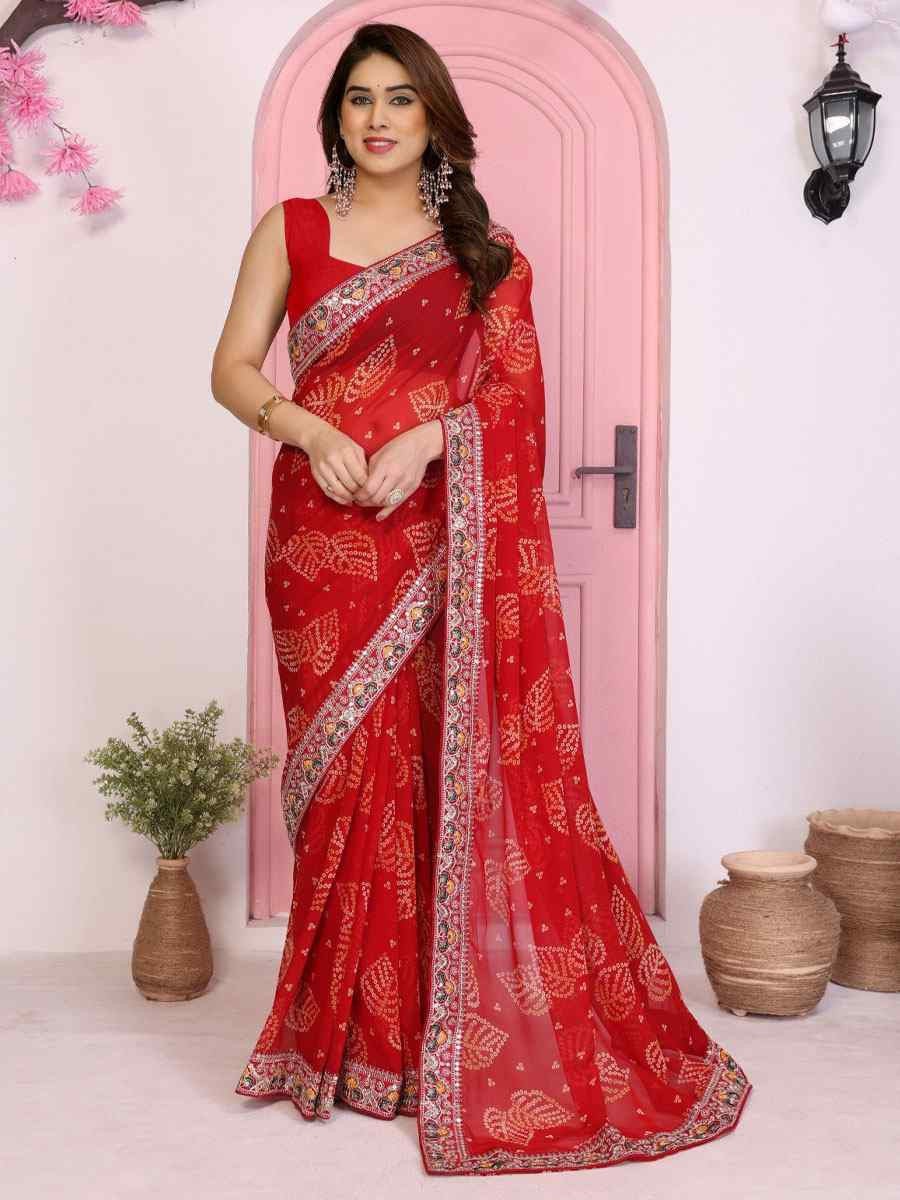 Red Georgette Embroidery Printed Traditional Bridal Reception Festival Wedding Fancy Heavy Border Saree