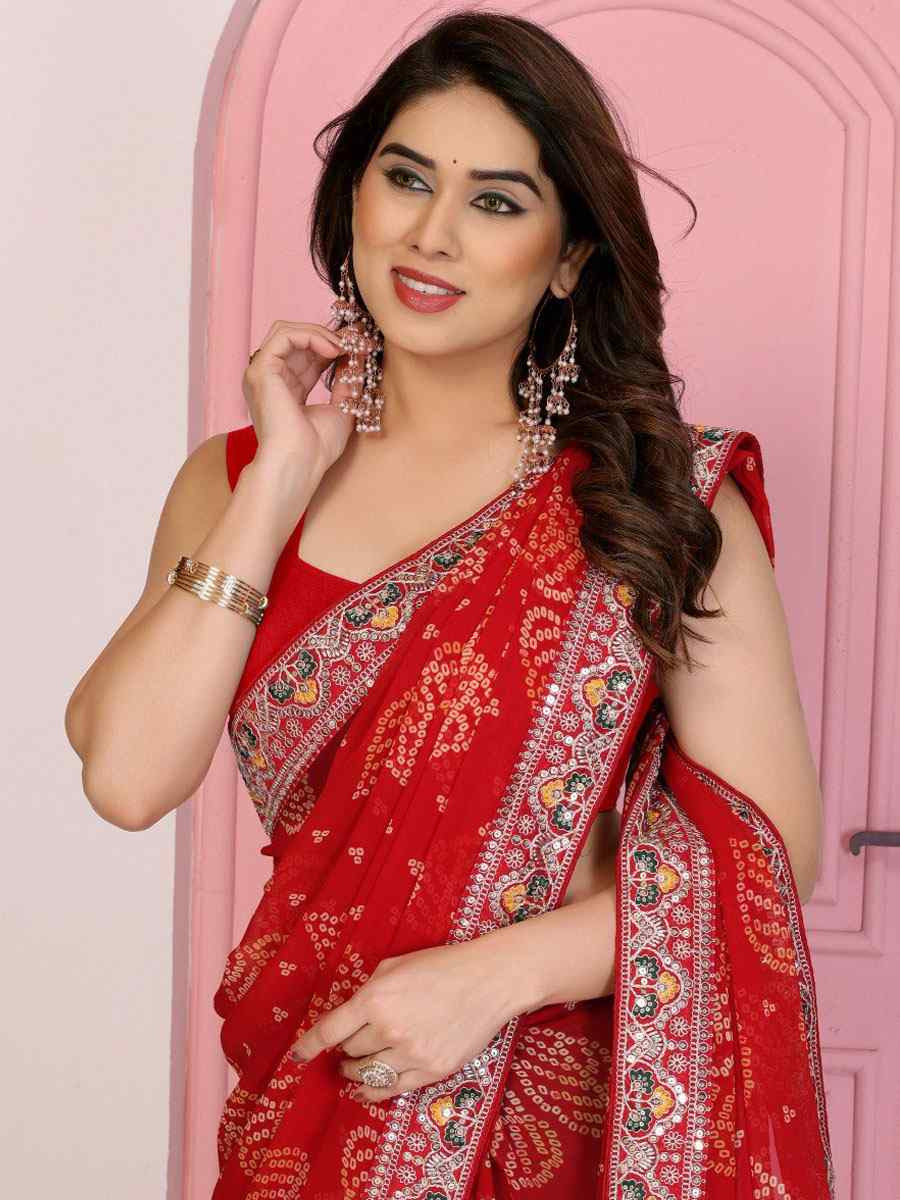 Red Georgette Embroidery Printed Traditional Bridal Reception Festival Wedding Fancy Heavy Border Saree