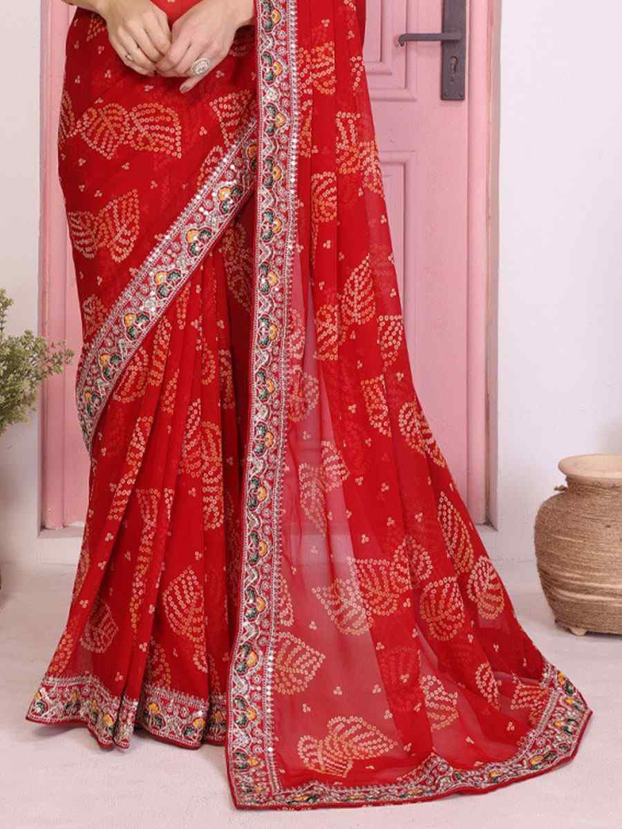 Red Georgette Embroidery Printed Traditional Bridal Reception Festival Wedding Fancy Heavy Border Saree