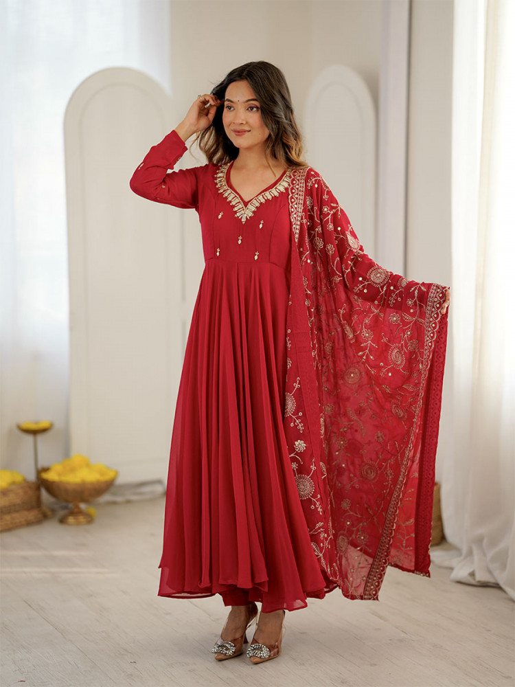 Image of Red Georgette Embroidery Zari Lace Wedding Party Festival Casual Ready Anarkali Palazzo Pant Salwar Kameez