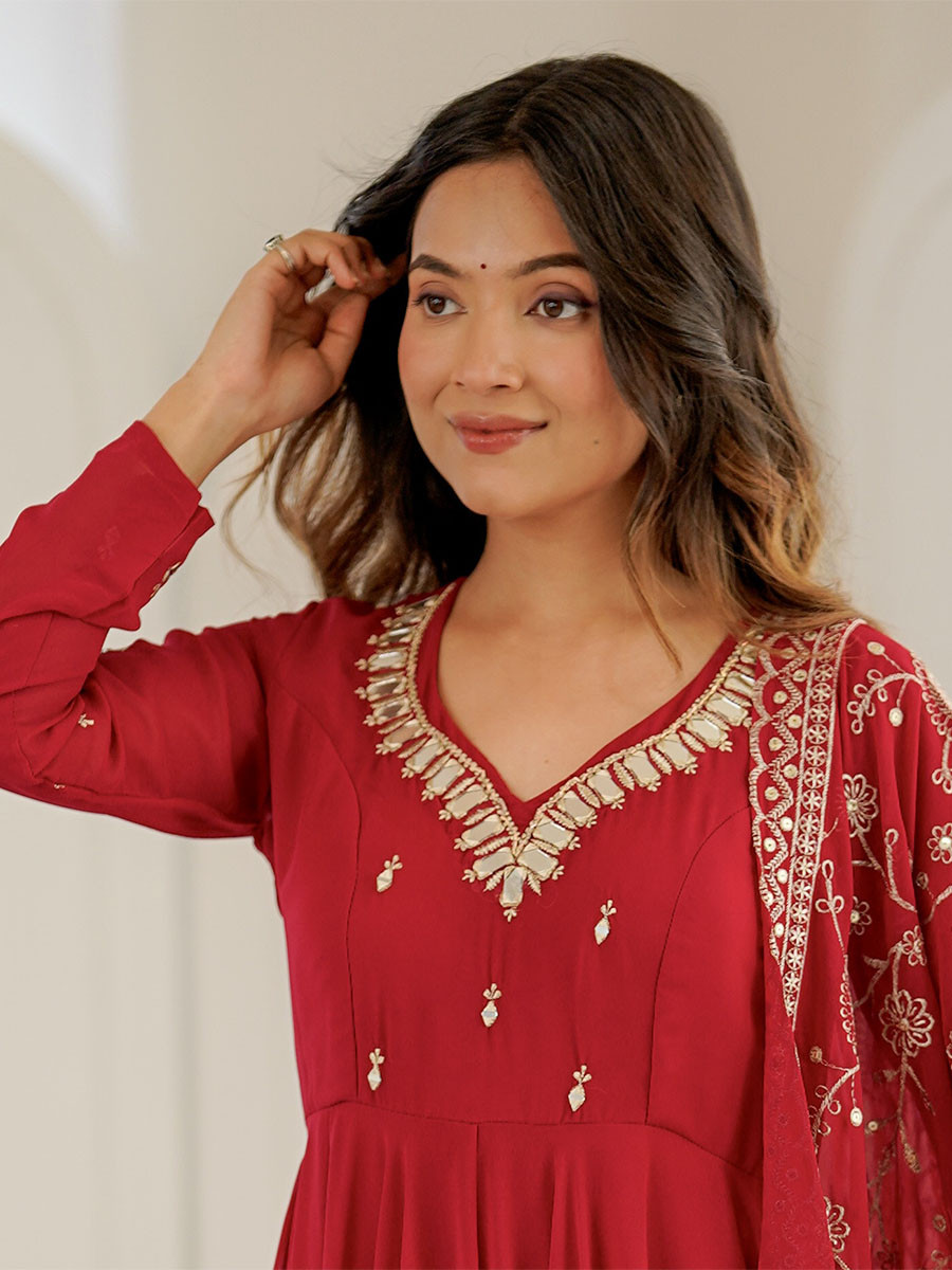 Red Georgette Embroidery Zari Lace Wedding Party Festival Casual Ready Anarkali Palazzo Pant Salwar Kameez