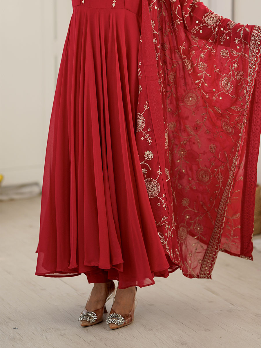 Red Georgette Embroidery Zari Lace Wedding Party Festival Casual Ready Anarkali Palazzo Pant Salwar Kameez