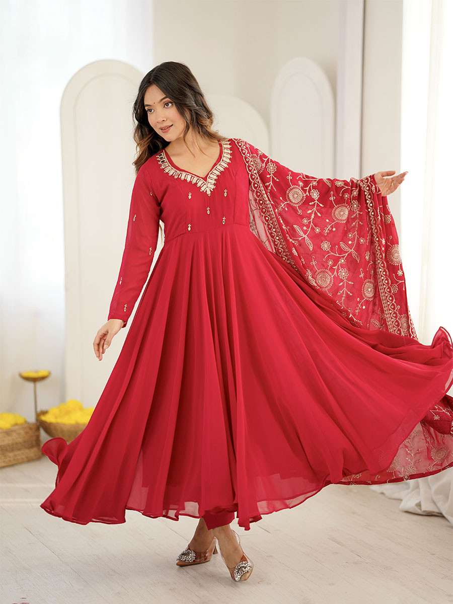 Red Georgette Embroidery Zari Lace Wedding Party Festival Casual Ready Anarkali Palazzo Pant Salwar Kameez