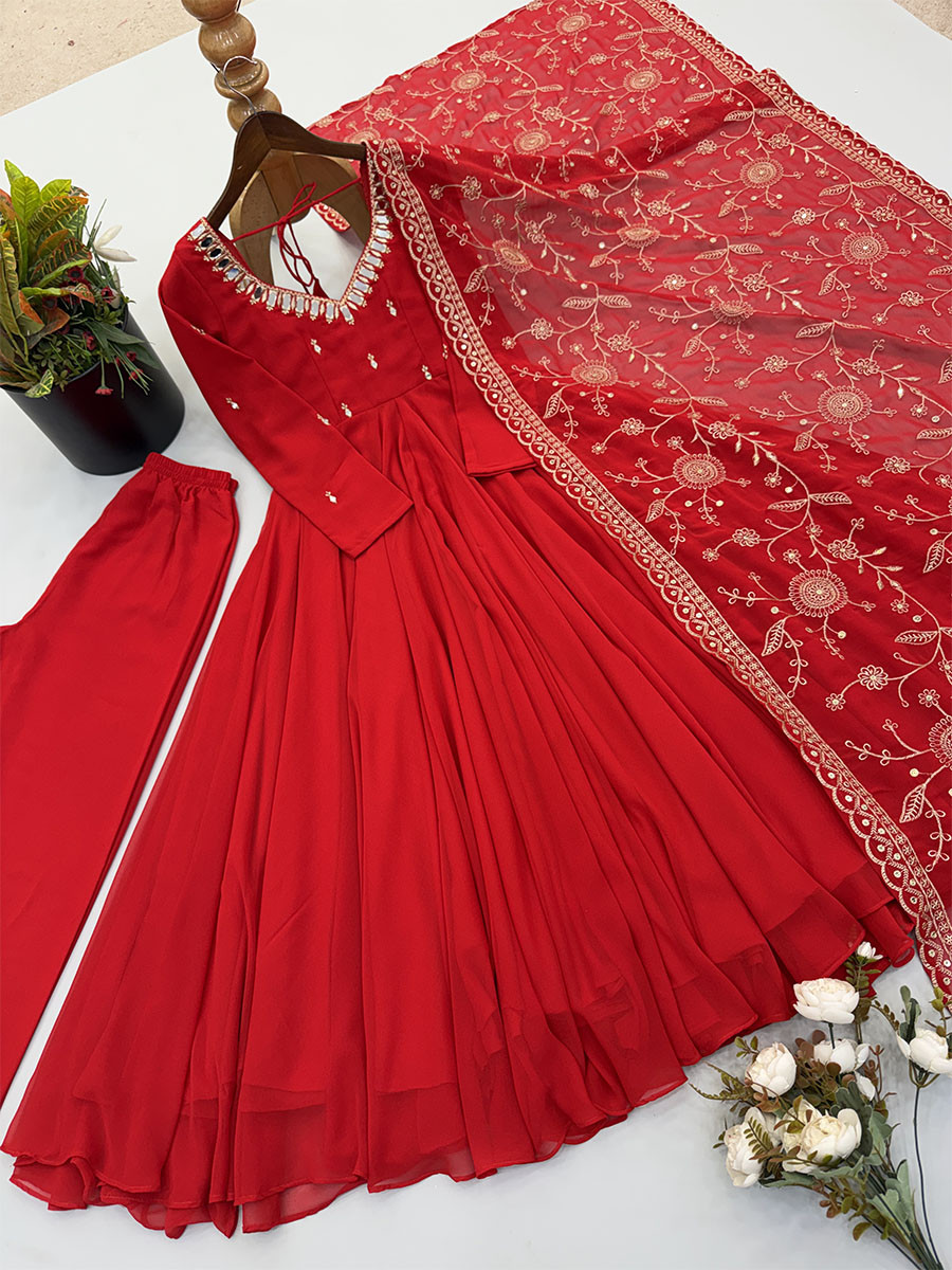 Red Georgette Embroidery Zari Lace Wedding Party Festival Casual Ready Anarkali Palazzo Pant Salwar Kameez