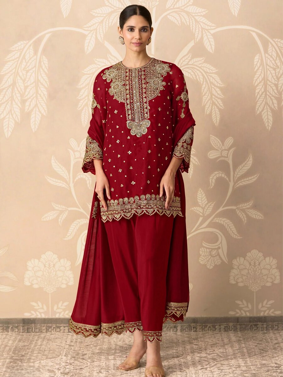 Red Georgette Embroidery Zari Sequins Wedding Party Festival Casual Palazzo Pant Salwar Kameez