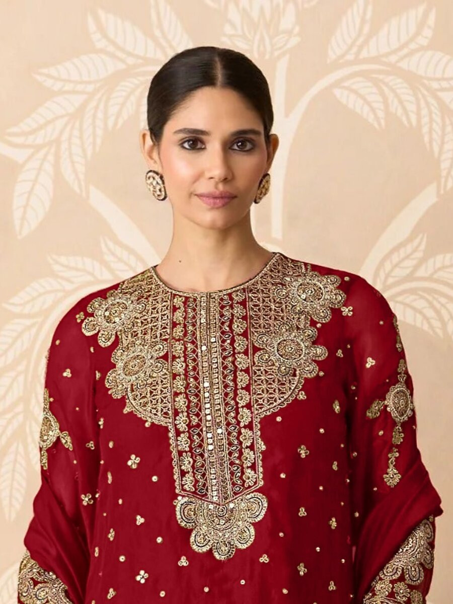 Red Georgette Embroidery Zari Sequins Wedding Party Festival Casual Palazzo Pant Salwar Kameez