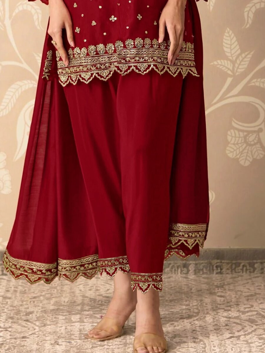 Red Georgette Embroidery Zari Sequins Wedding Party Festival Casual Palazzo Pant Salwar Kameez
