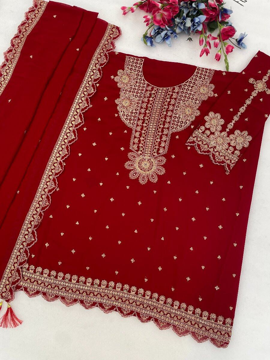 Red Georgette Embroidery Zari Sequins Wedding Party Festival Casual Palazzo Pant Salwar Kameez