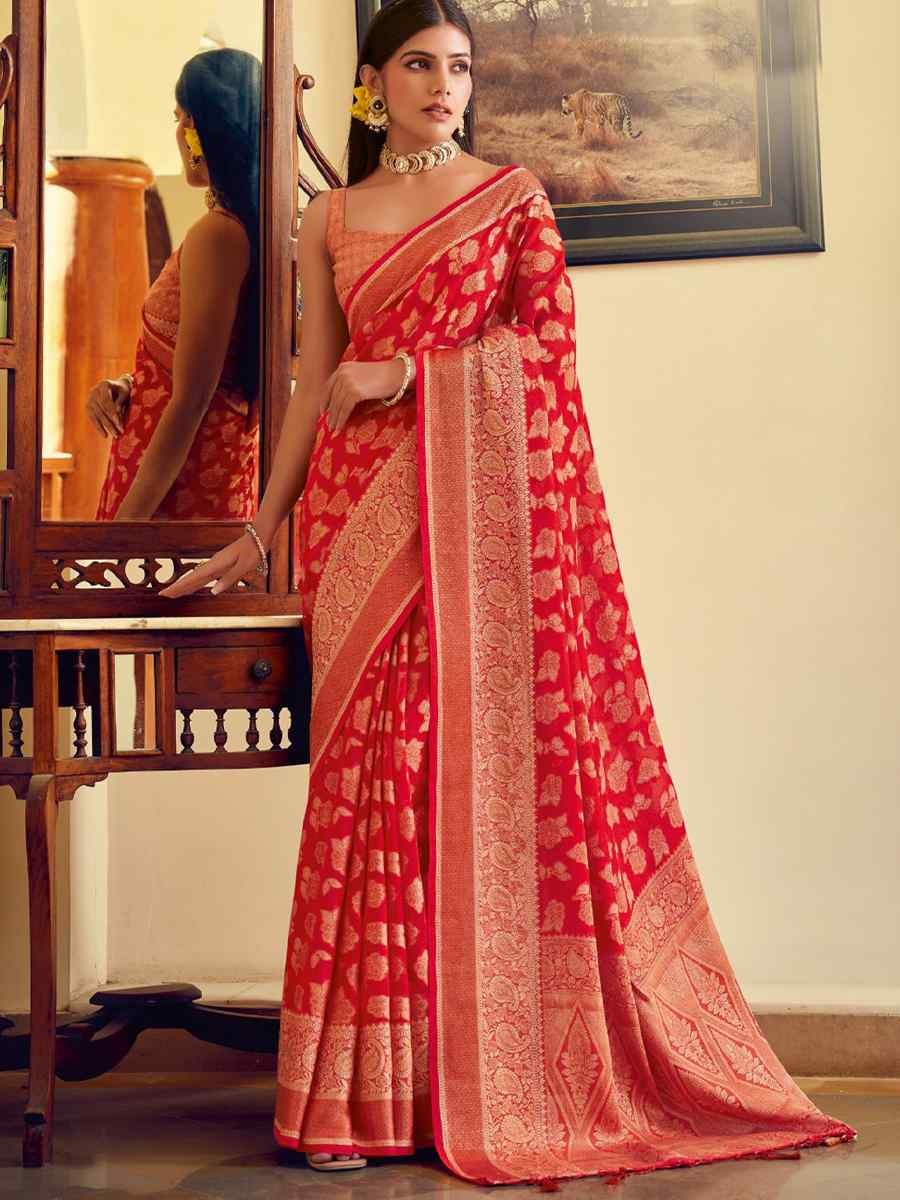 Red Georgette Handwoven Festival Wedding Fancy Heavy Border Saree