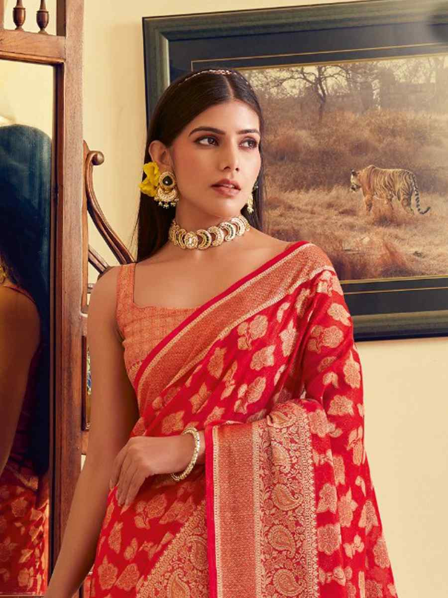 Red Georgette Handwoven Festival Wedding Fancy Heavy Border Saree