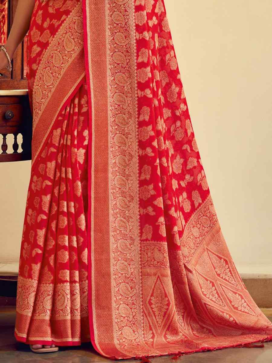Red Georgette Handwoven Festival Wedding Fancy Heavy Border Saree