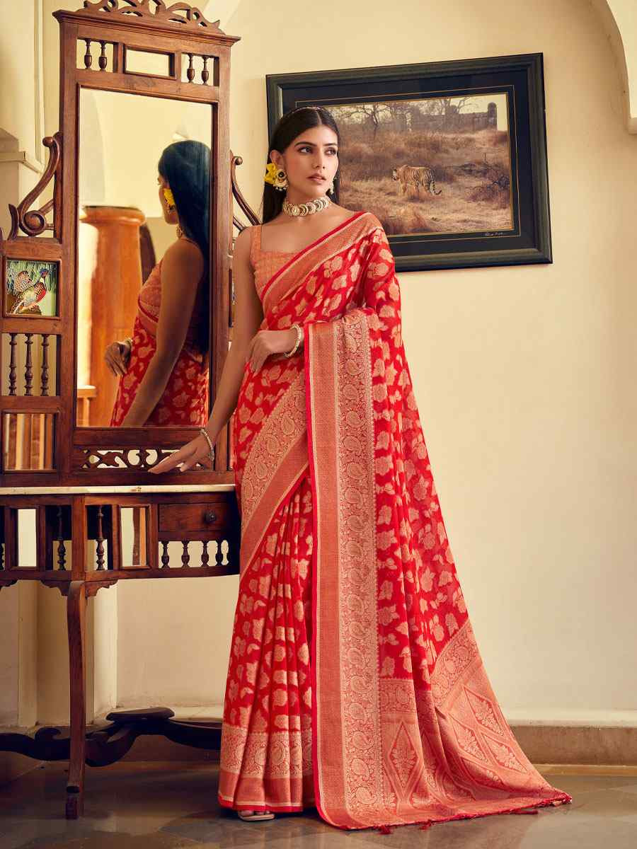 Red Georgette Handwoven Festival Wedding Fancy Heavy Border Saree