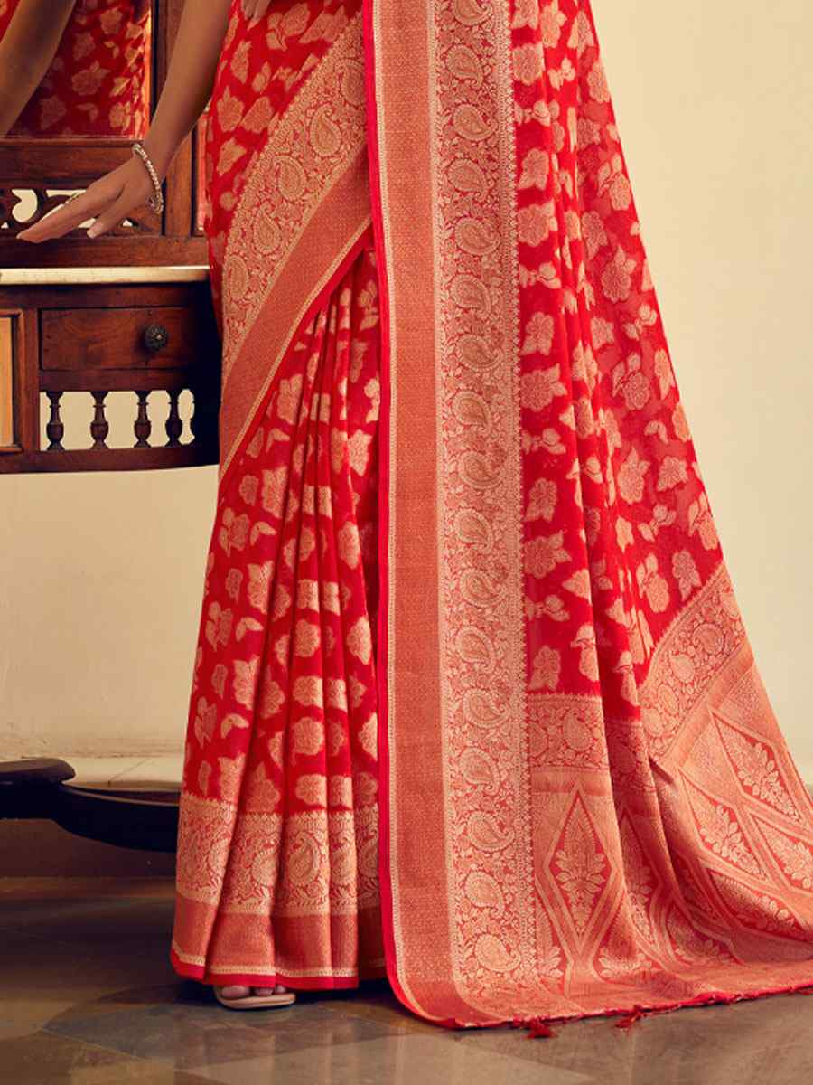 Red Georgette Handwoven Festival Wedding Fancy Heavy Border Saree