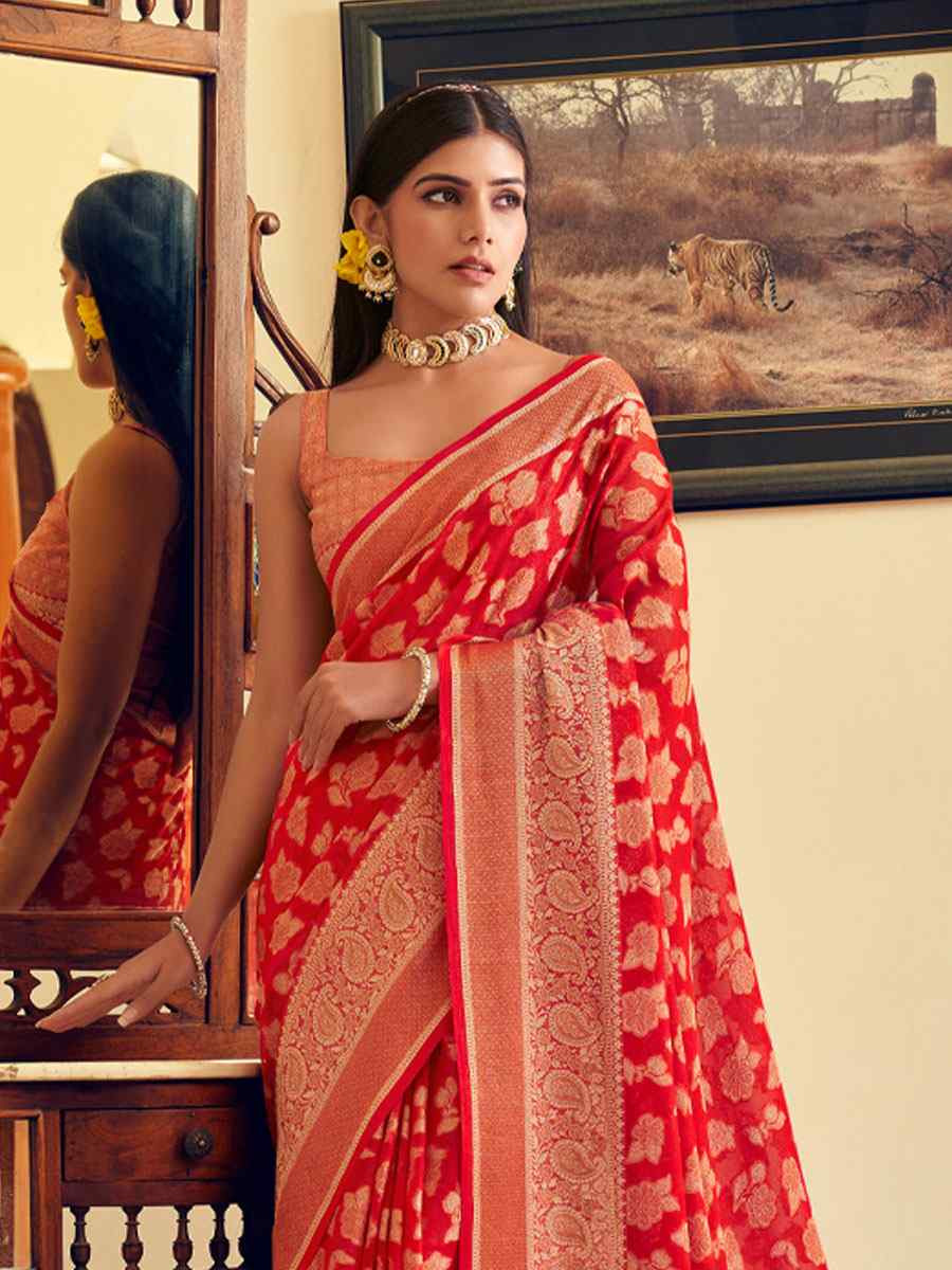 Red Georgette Handwoven Festival Wedding Fancy Heavy Border Saree