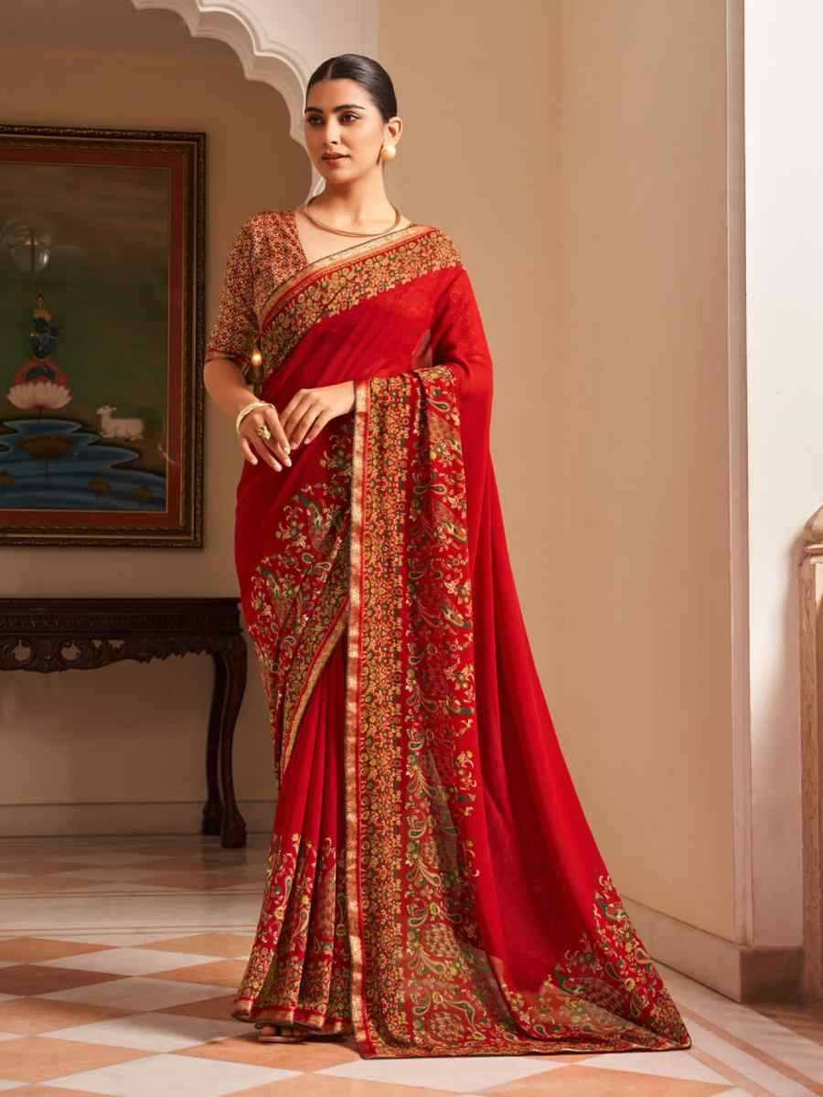 Red Georgette Printed Festival Wedding Fancy Heavy Border Saree