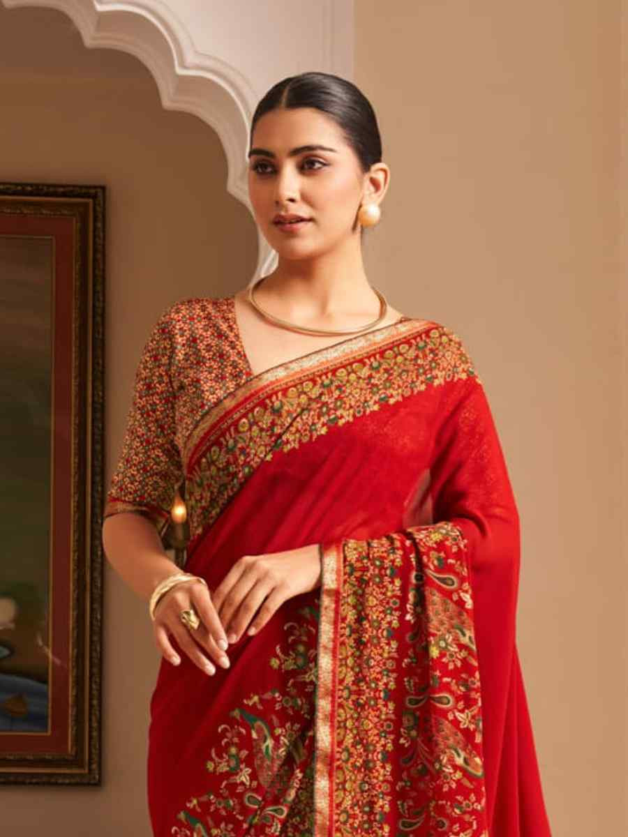 Red Georgette Printed Festival Wedding Fancy Heavy Border Saree