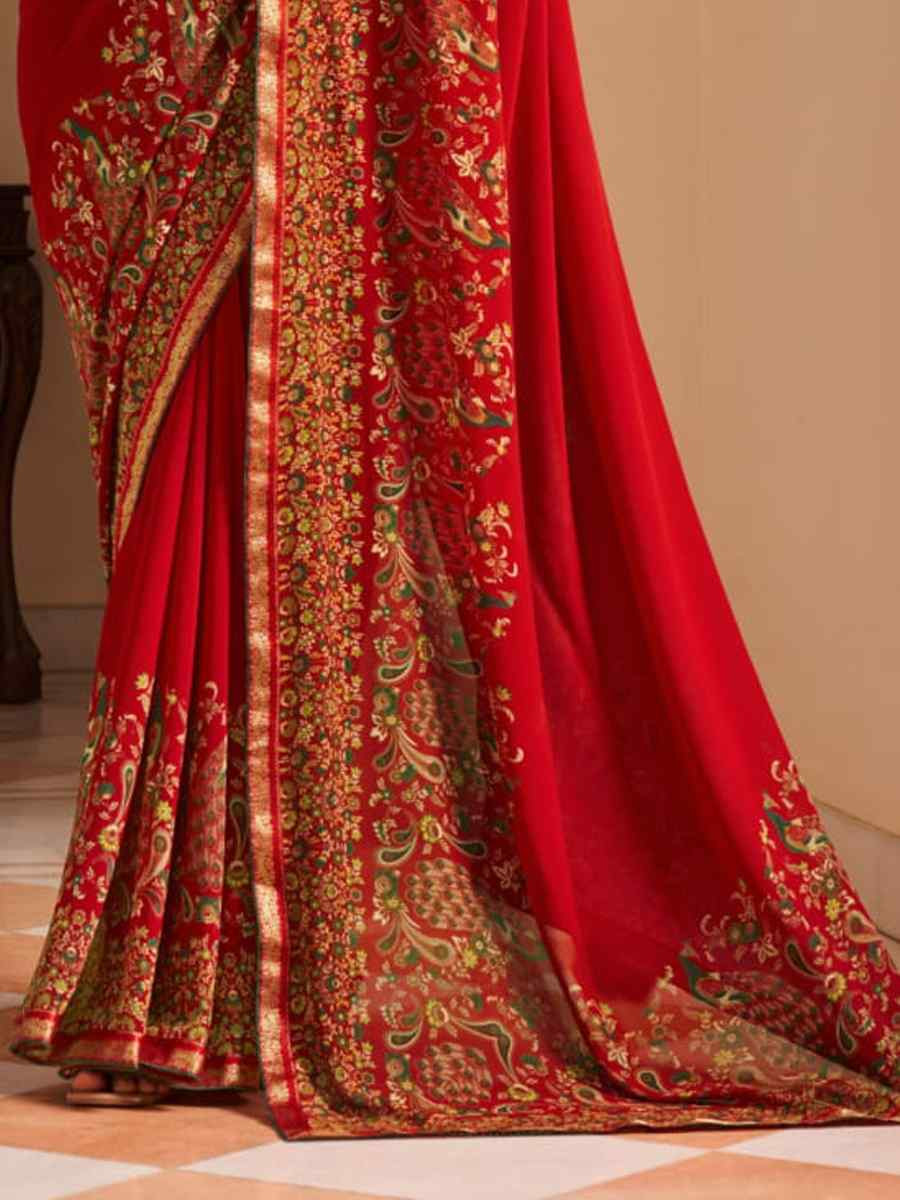 Red Georgette Printed Festival Wedding Fancy Heavy Border Saree