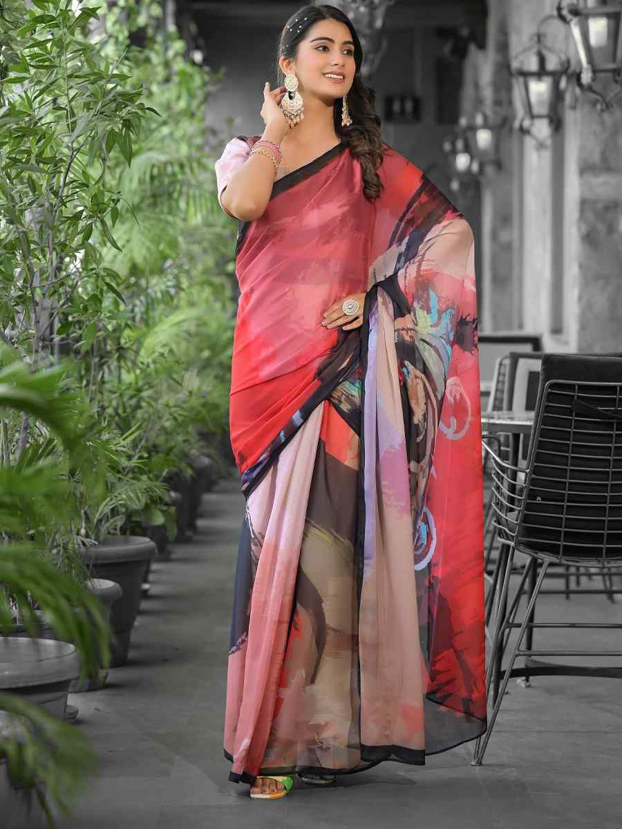 Red Georgette Printed Festival Wedding Fancy Saree