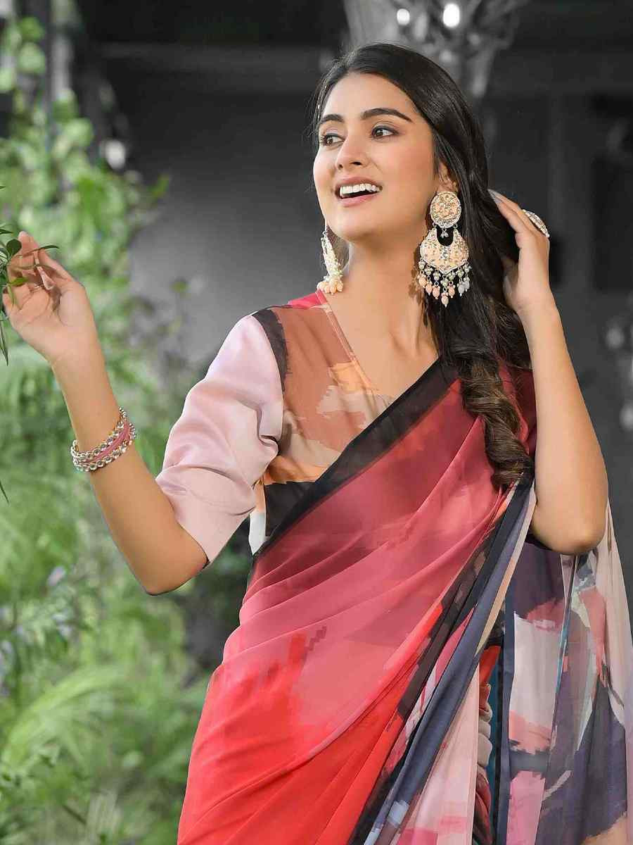 Red Georgette Printed Festival Wedding Fancy Saree