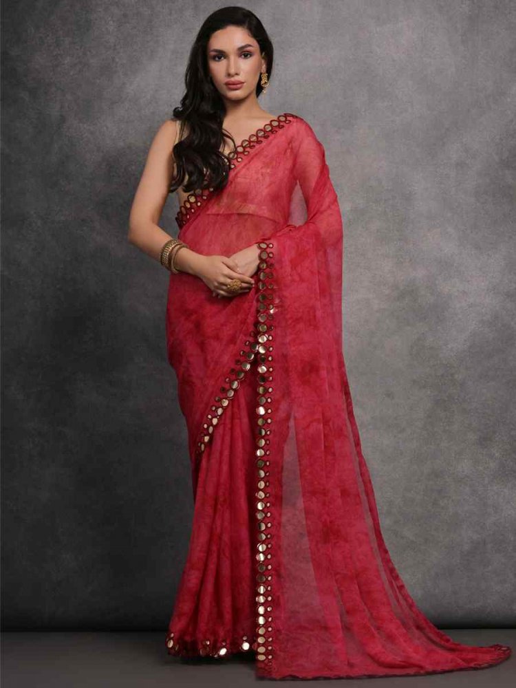 Red Georgette Printed Party Casual Classic Style Saree