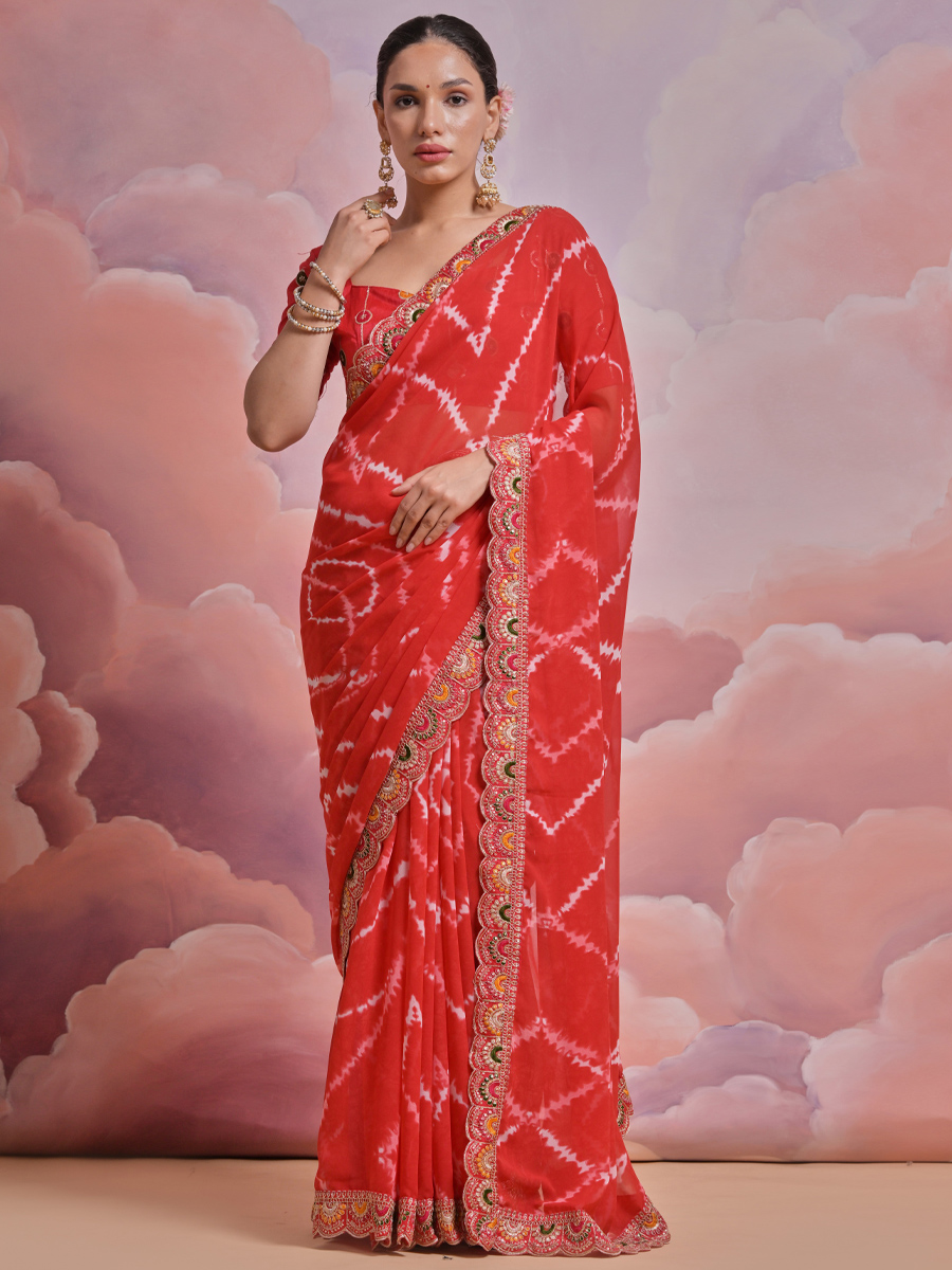 Red Georgette Printed Wedding Festival Classic Style Saree