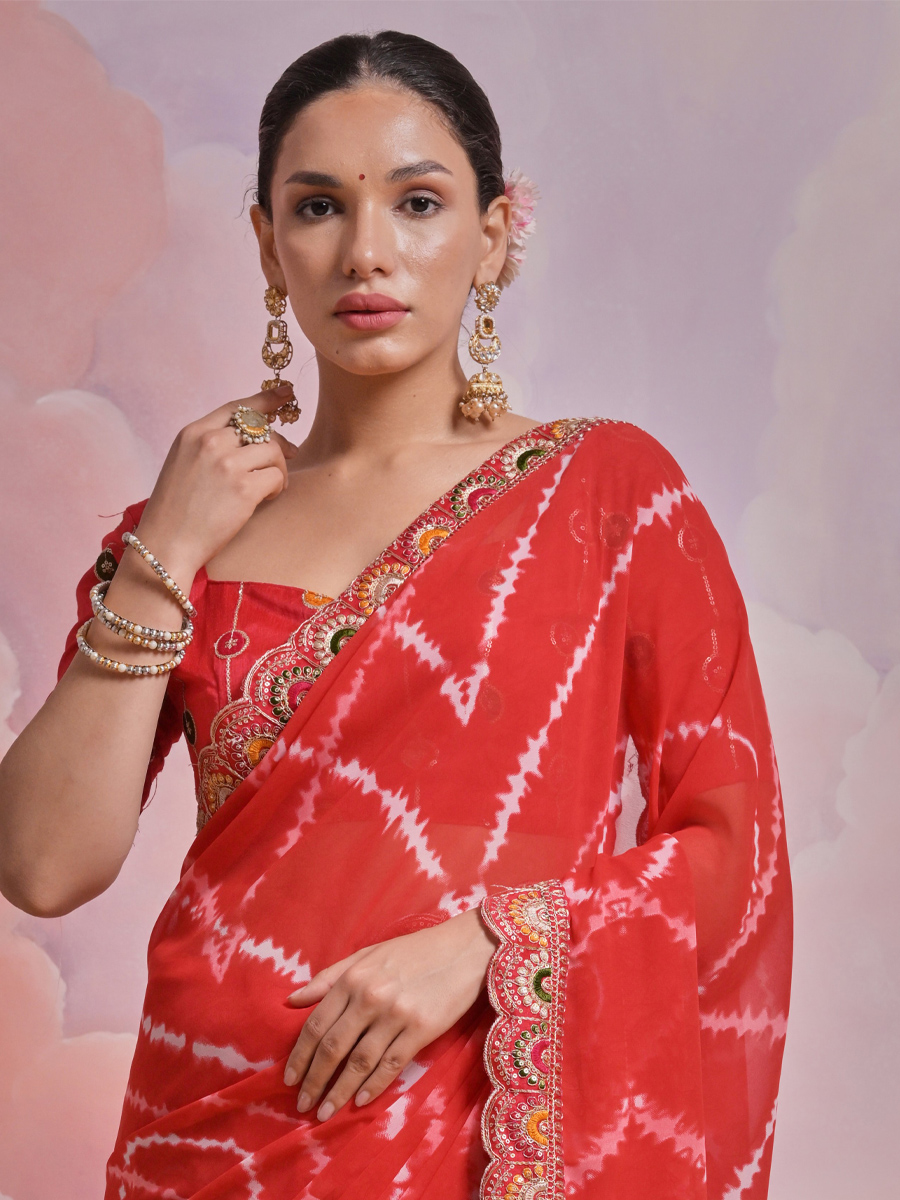 Red Georgette Printed Wedding Festival Classic Style Saree