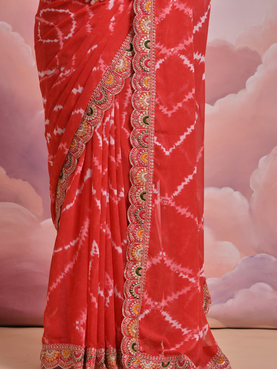Red Georgette Printed Wedding Festival Classic Style Saree