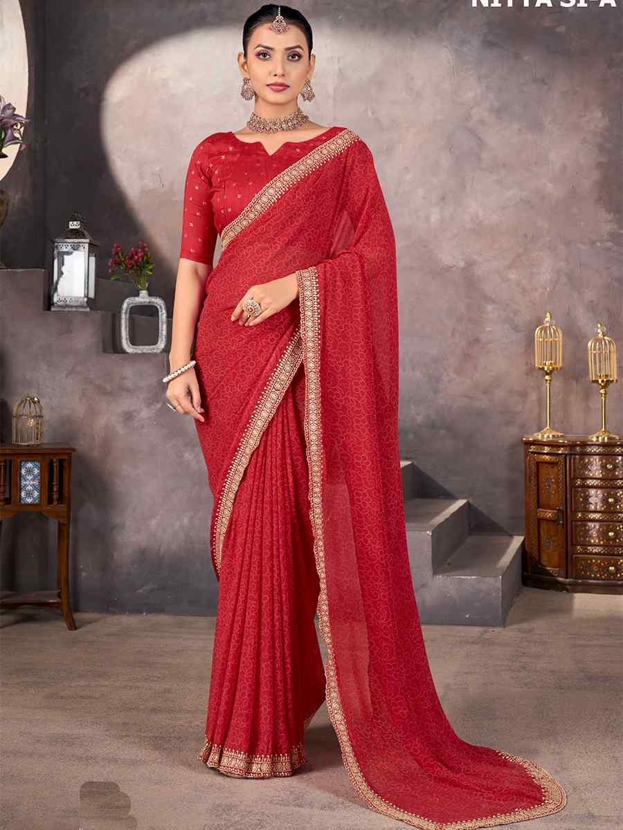 Red Georgette Printed with Embroidered Festival Wedding Fancy Heavy Border Saree