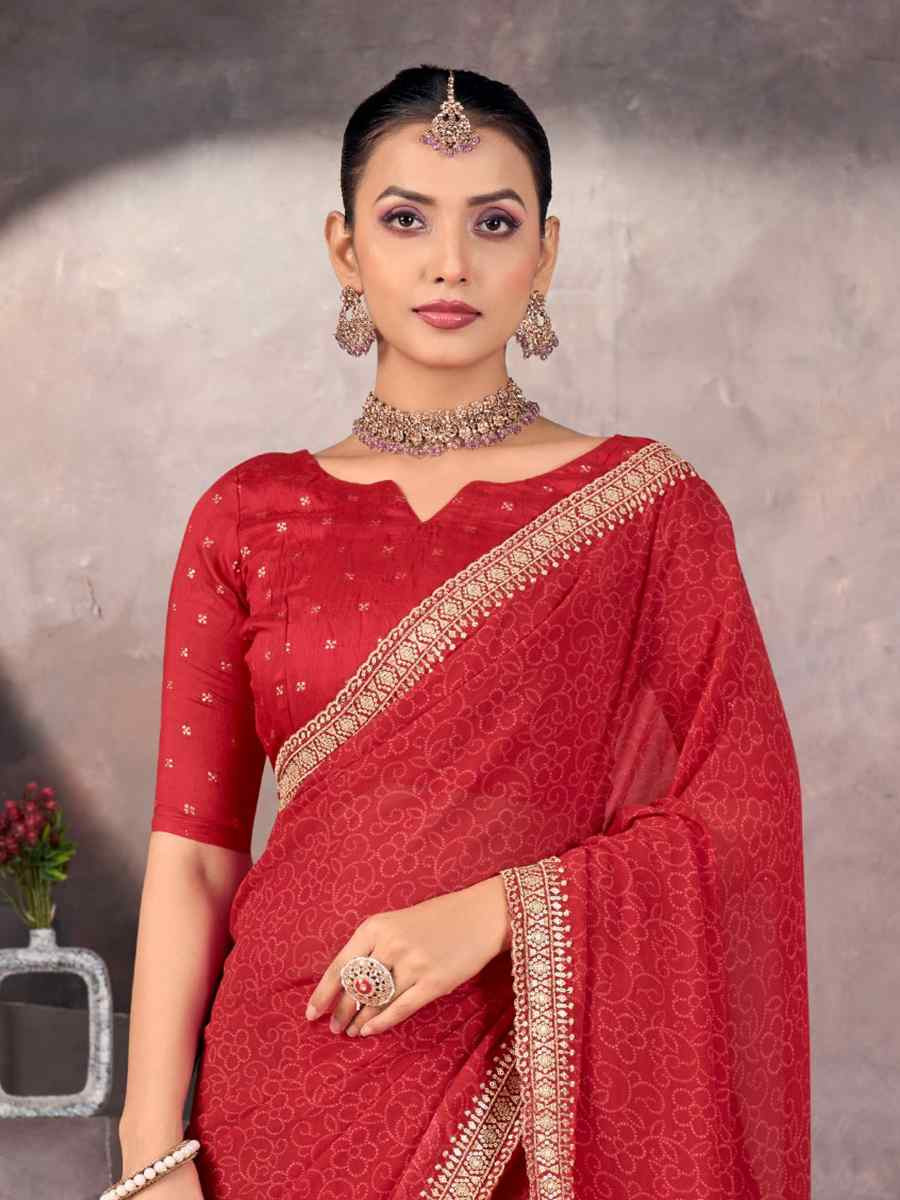 Red Georgette Printed with Embroidered Festival Wedding Fancy Heavy Border Saree