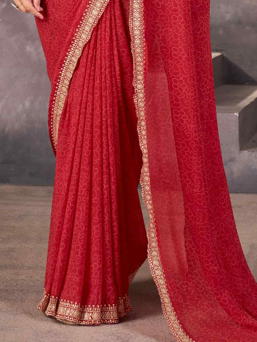 Red Georgette Printed with Embroidered Festival Wedding Fancy Heavy Border Saree