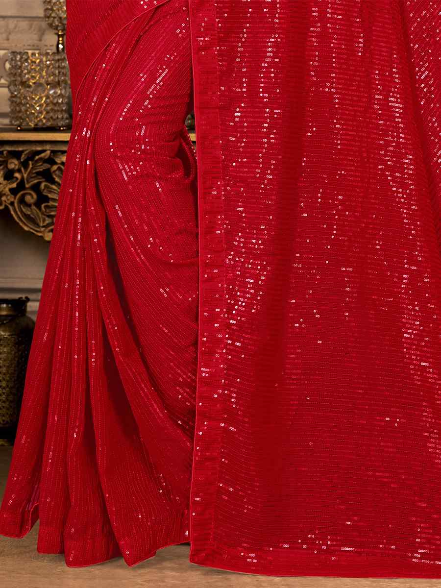 Red Georgette Sequins Party Festival Classic Style Saree