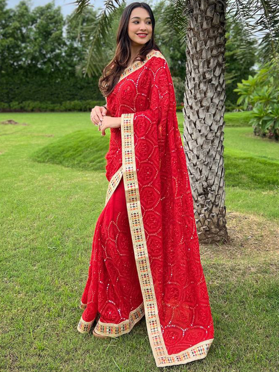 Red Georgette Sequins Party Festival Classic Style Saree