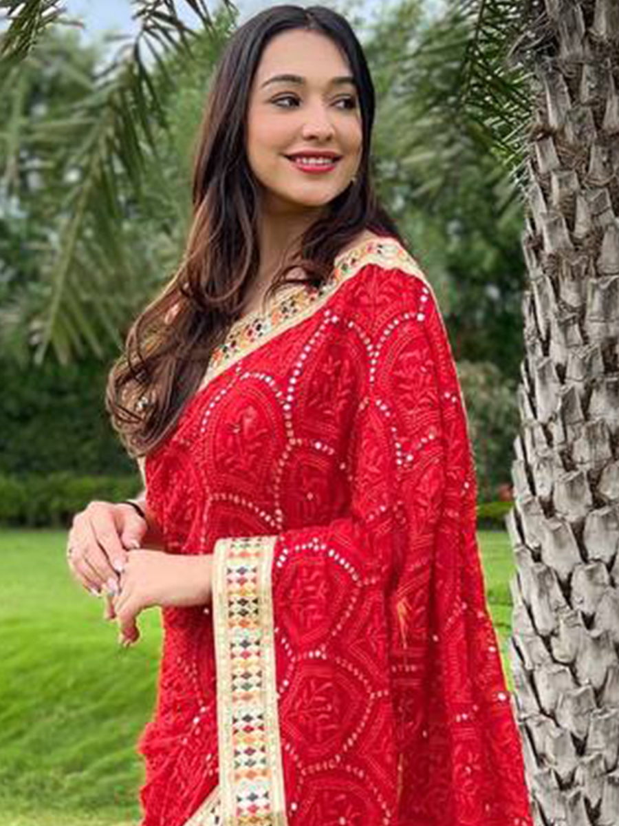 Red Georgette Sequins Party Festival Classic Style Saree