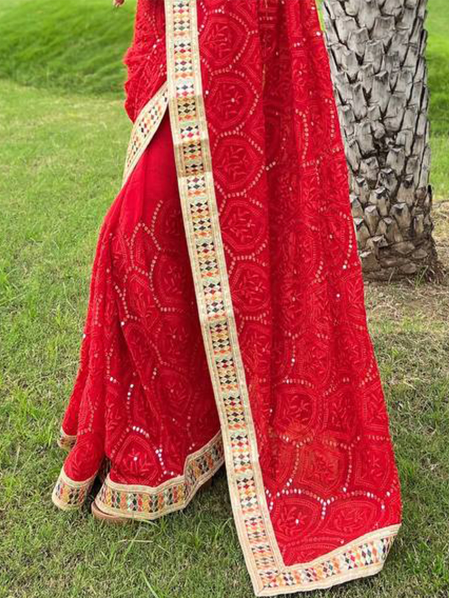 Red Georgette Sequins Party Festival Classic Style Saree