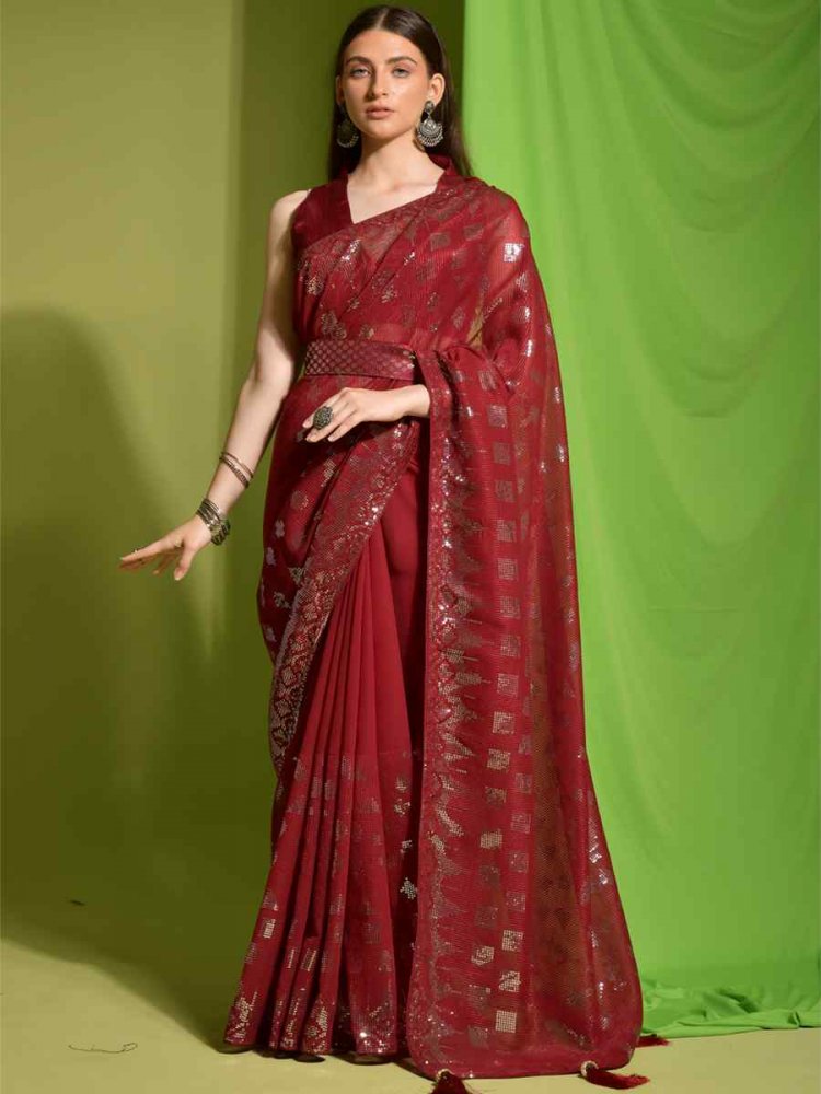 Red Georgette Sequins Party Festival Classic Style Saree
