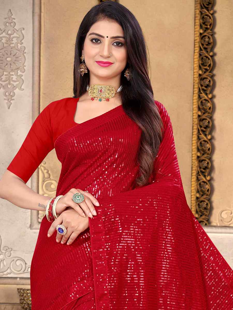 Red Georgette Sequins Party Festival Classic Style Saree