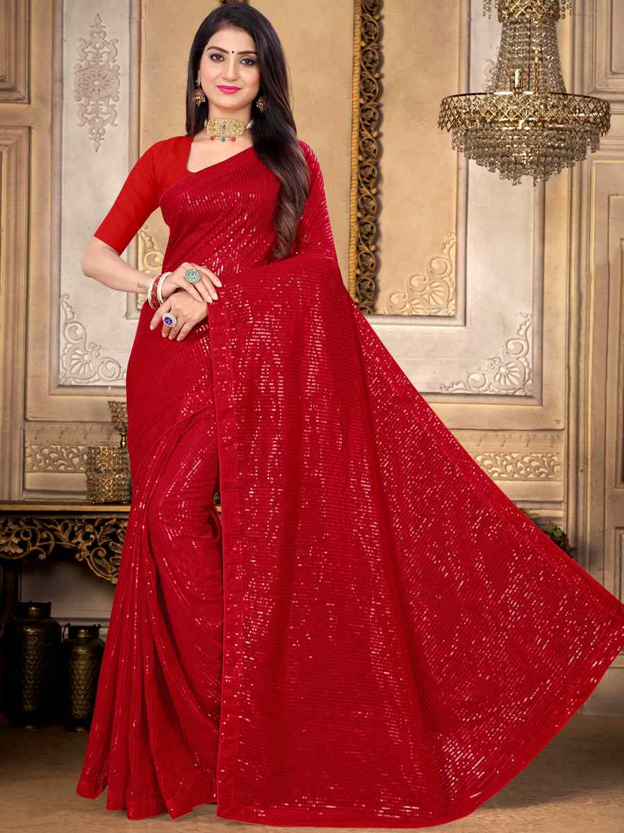Red Georgette Sequins Party Festival Classic Style Saree