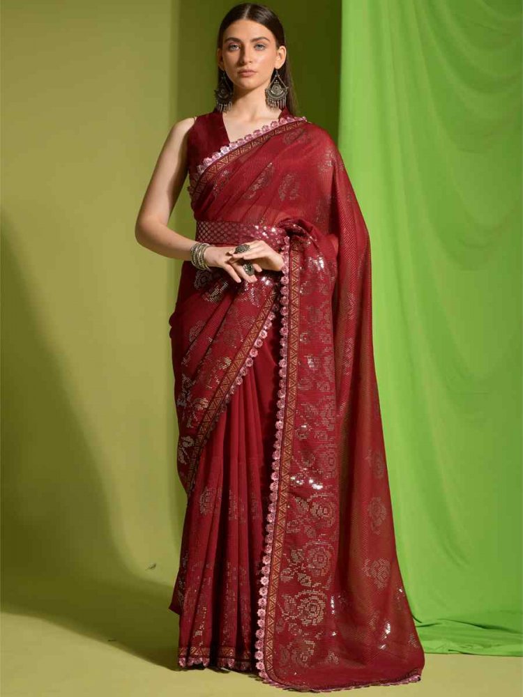 Red Georgette Sequins Party Festival Classic Style Saree