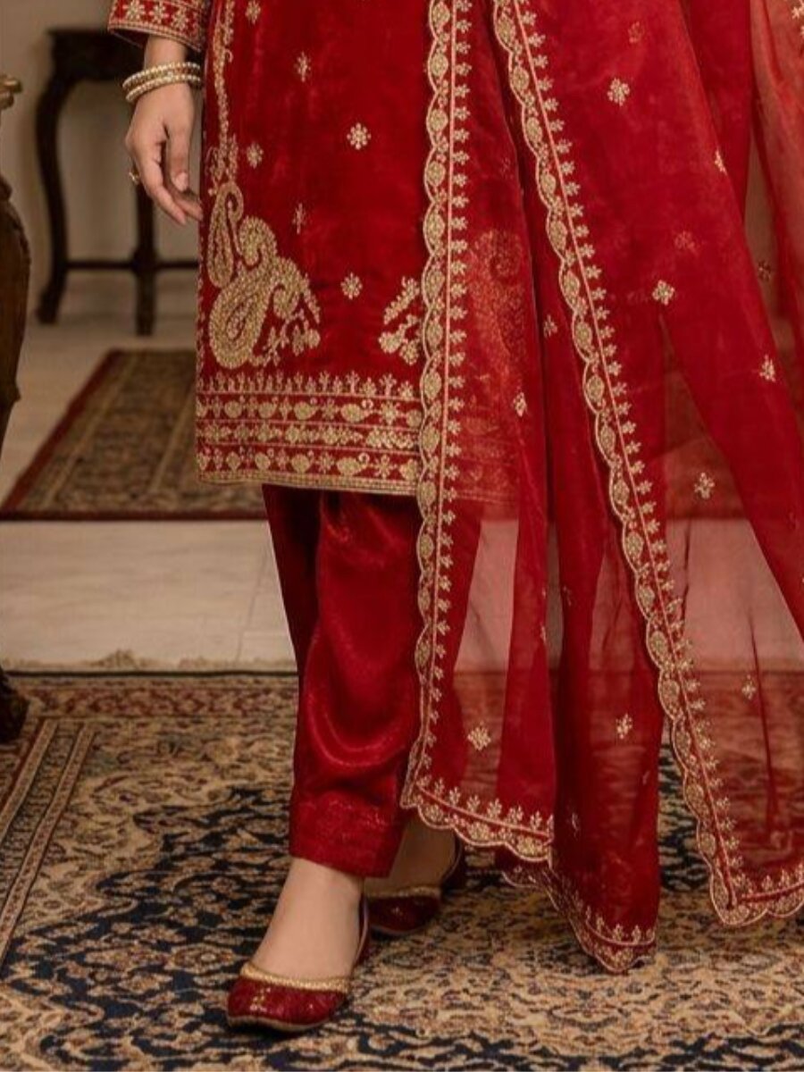 Red Glass Roman Embroidery Wedding Party Festival Casual Ready Pant Salwar Kameez