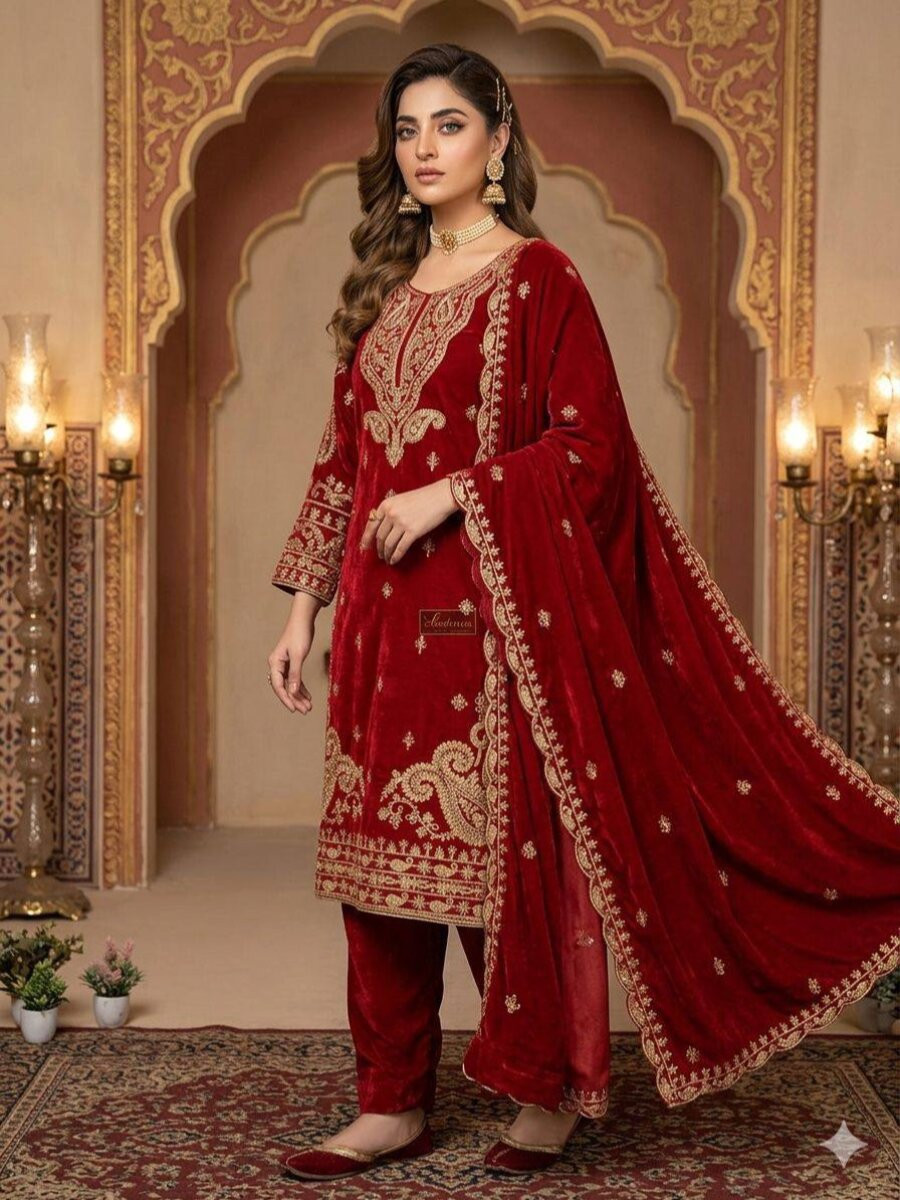 Red Glass Roman Embroidery Wedding Party Festival Casual Ready Pant Salwar Kameez