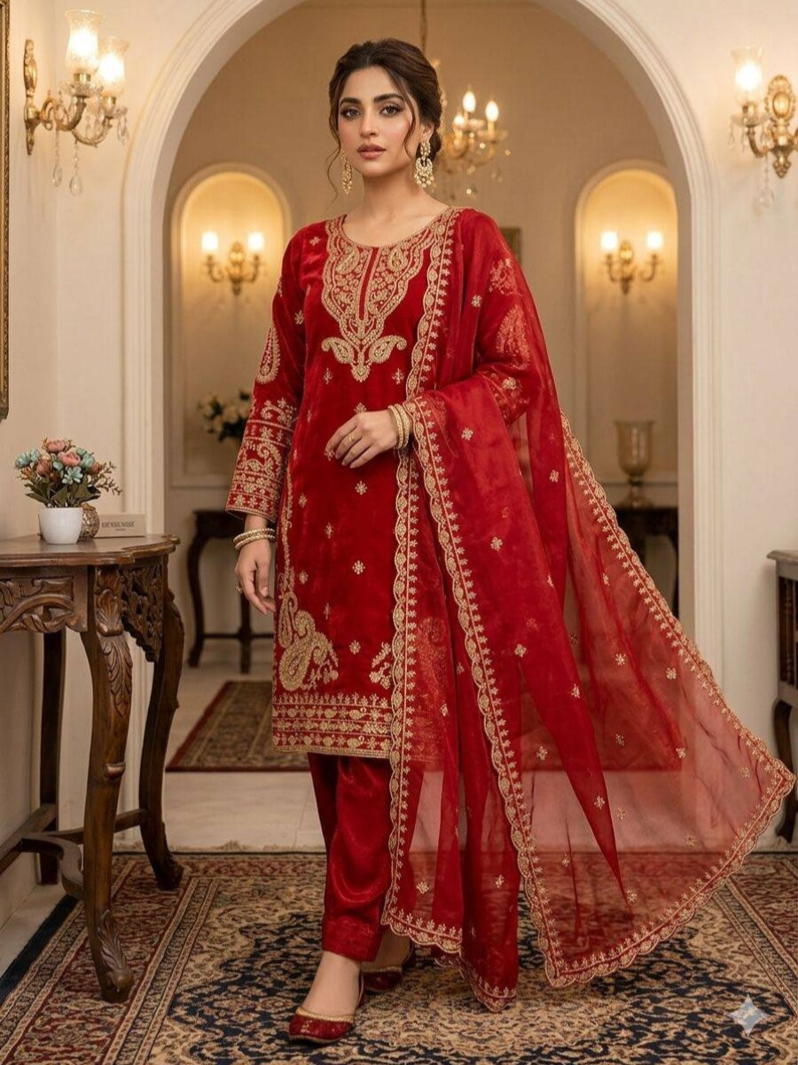 Red Glass Roman Silk Embroidery Sequins Zari Wedding Party Festival Casual Pant Salwar Kameez