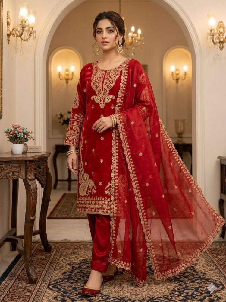 Image of Red Glass Roman Silk Embroidery Sequins Zari Wedding Party Festival Casual Pant Salwar Kameez