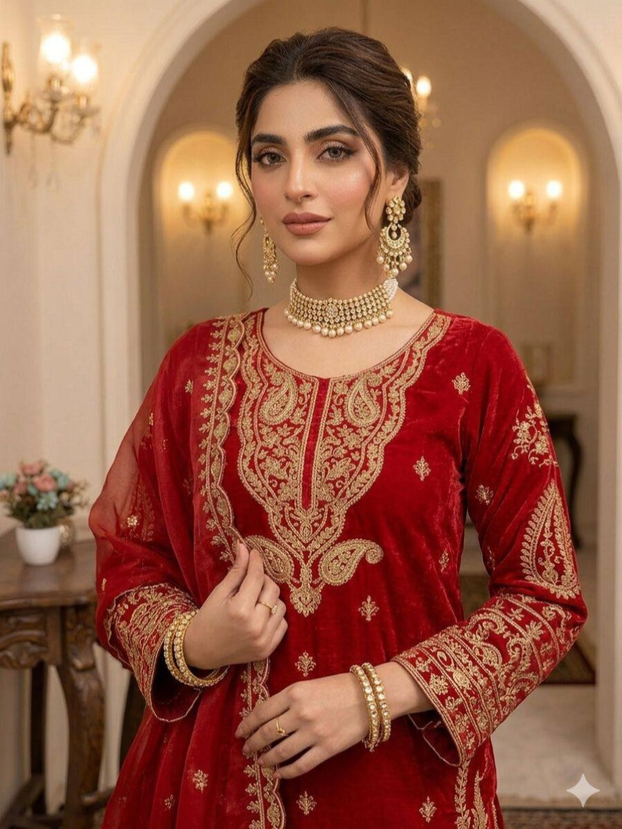 Red Glass Roman Silk Embroidery Sequins Zari Wedding Party Festival Casual Pant Salwar Kameez